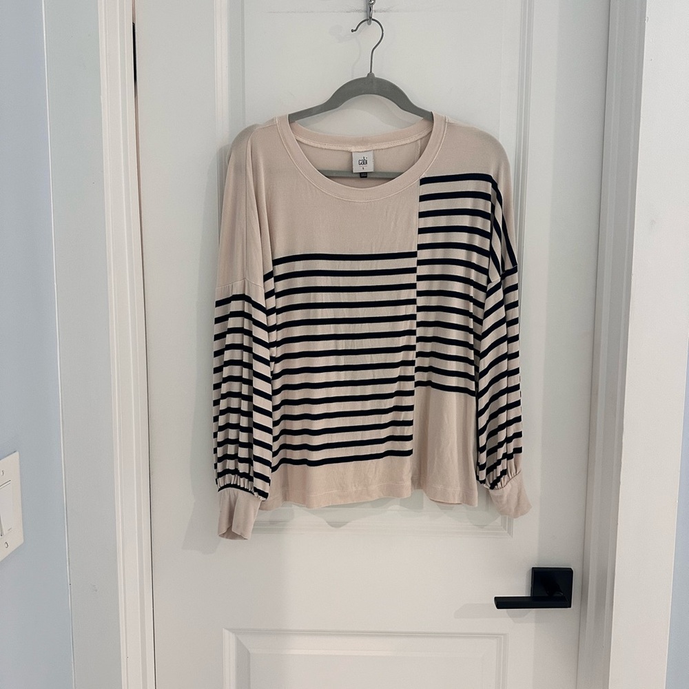 CAbi Cream and Black Striped Long Sleeve Top